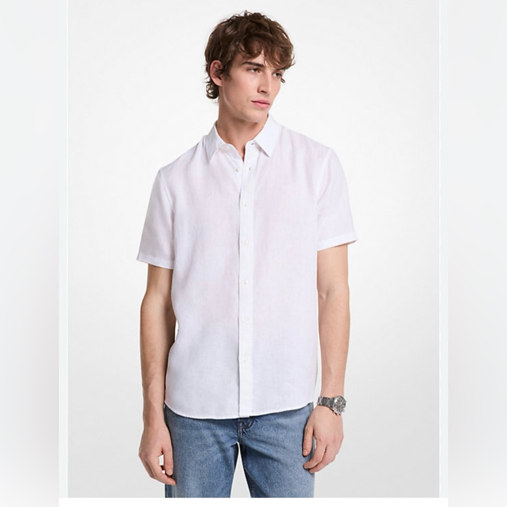 Michael Kors Slim Fit White 100% Linen Button Down Mens Shirt Size XXLarge